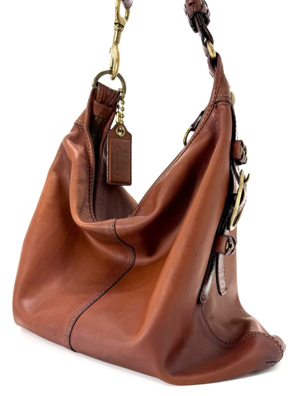 Coach Ergo Brown Leather Vintage Hobo Bag in Satin Tattersall Y2K Brass Buckle - Picture 12 of 14